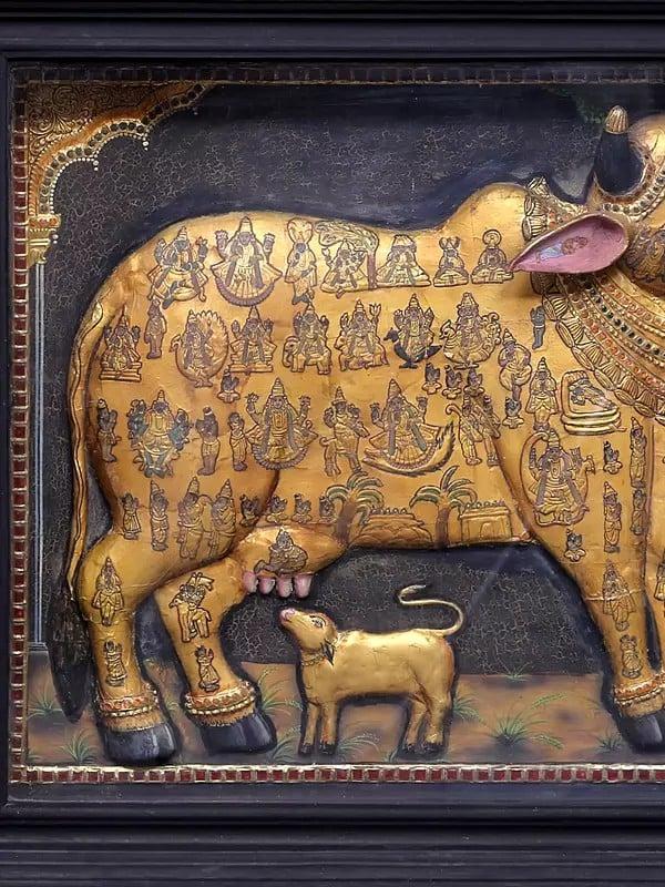Exotic India Large Kasyapa Worshipping Kamdhenu Tanjore Painting | Traditional Colors With 24K Gold | Teakwood Frame | Gold & Wood