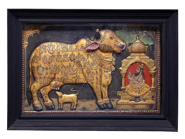 exotic india Large Kasyapa Worshipping Kamdhenu Tanjore Painting | Traditional Colors With 24K Gold | Teakwood Frame | Gold & Wood