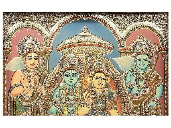 Exotic India Large Ram Darbar Tanjore Painting | Traditional Colors With 24K Gold | Teakwood Frame | Gold & Wood | Handmade