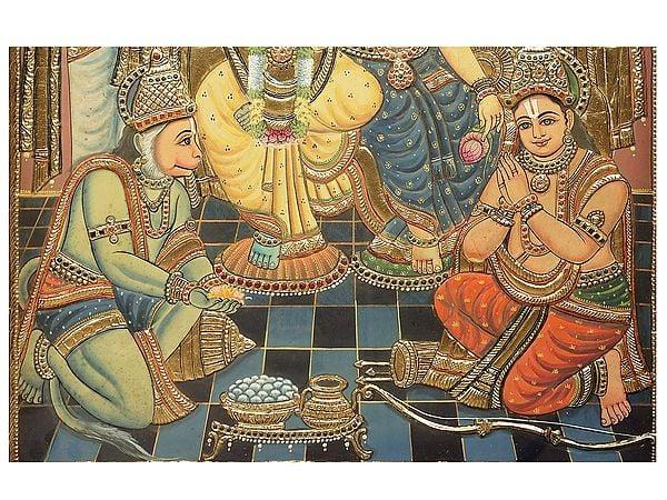Exotic India Large Ram Darbar Tanjore Painting | Traditional Colors With 24K Gold | Teakwood Frame | Gold & Wood | Handmade