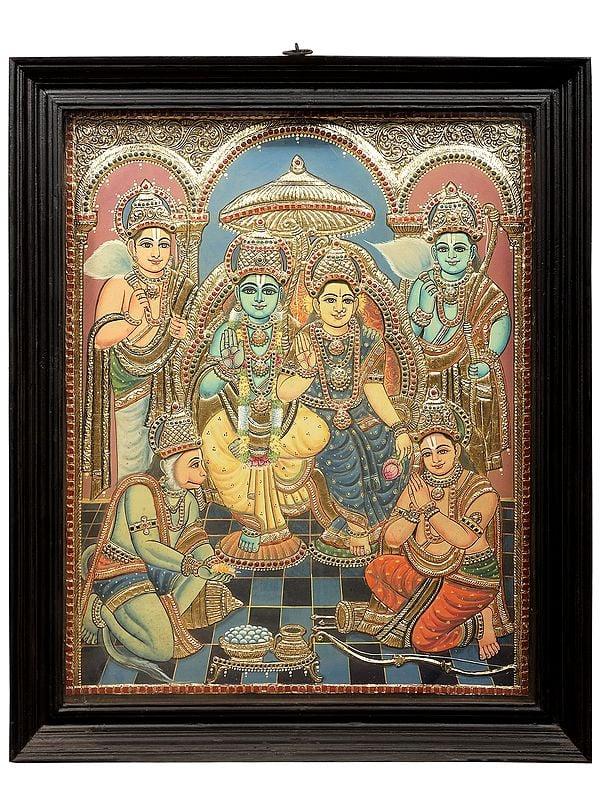 exotic india Large Ram Darbar Tanjore Painting | Traditional Colors With 24K Gold | Teakwood Frame | Gold & Wood | Handmade