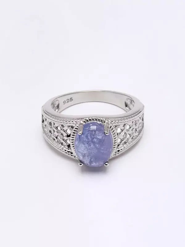 Exotic India Lattice Design Sterling Silver Ring With Oval Cut Tanzanite Gemstone 
