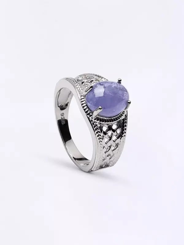 Exotic India Lattice Design Sterling Silver Ring With Oval Cut Tanzanite Gemstone 