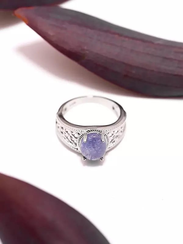 Exotic India Lattice Design Sterling Silver Ring With Oval Cut Tanzanite Gemstone 