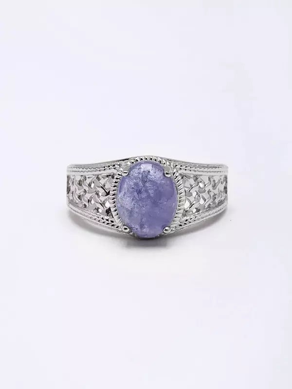 exotic india Lattice Design Sterling Silver Ring with Oval Cut Tanzanite Gemstone 