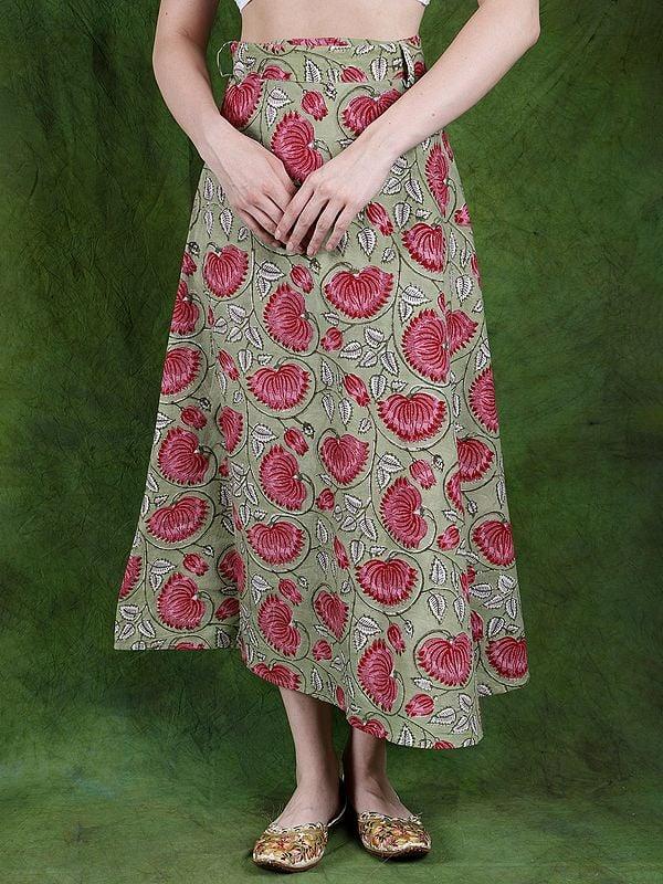 Exotic India Laurel-Green Wrap Around Long Skirt With Printed Lotuses