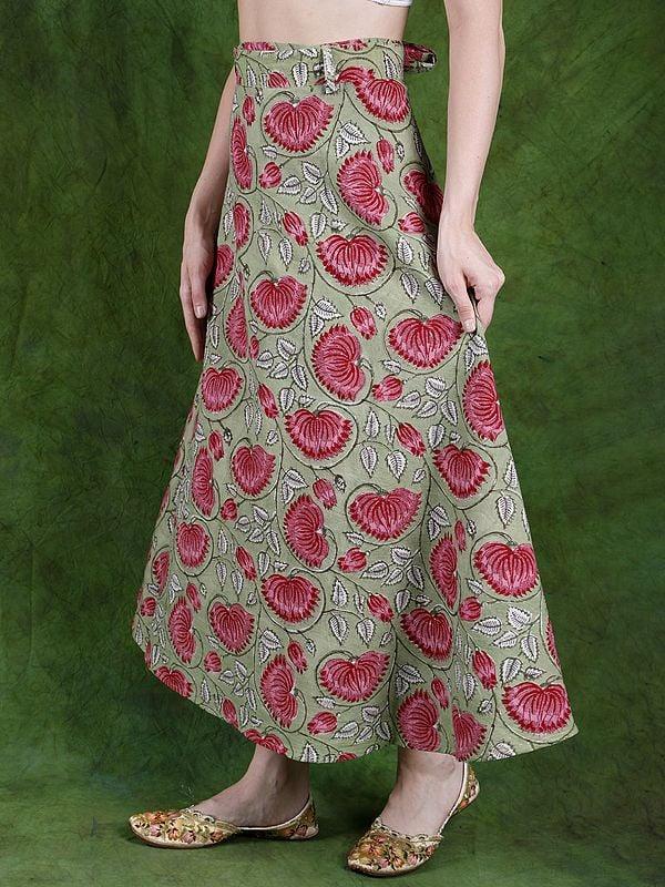 Exotic India Laurel-Green Wrap Around Long Skirt With Printed Lotuses