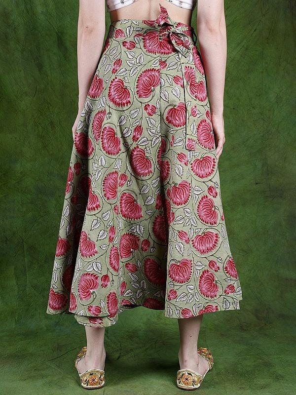 Exotic India Laurel-Green Wrap Around Long Skirt With Printed Lotuses
