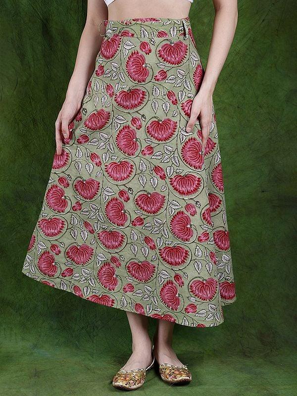 exotic india Laurel-Green Wrap Around Long Skirt with Printed Lotuses 