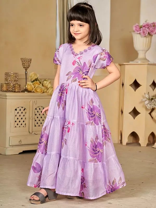 Exotic India Lavender Digital Printed Floral Motifs Frock With Round Flair 