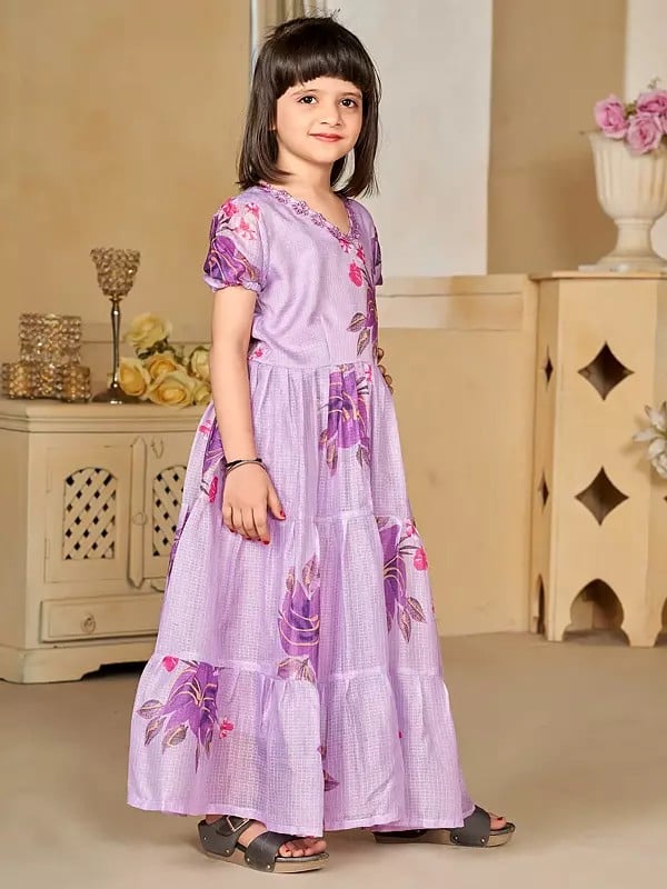 Exotic India Lavender Digital Printed Floral Motifs Frock With Round Flair 