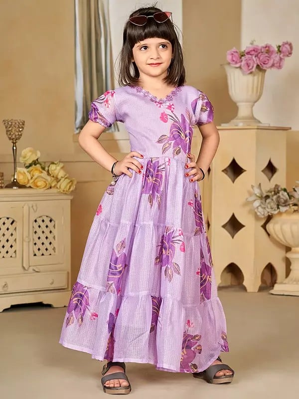 Exotic India Lavender Digital Printed Floral Motifs Frock With Round Flair 