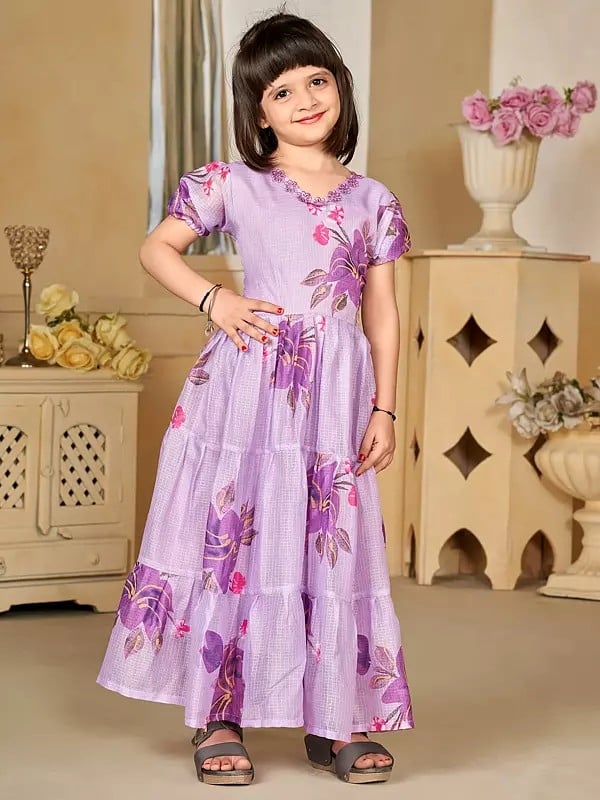exotic india Lavender Digital Printed Floral Motifs Frock With Round Flair 