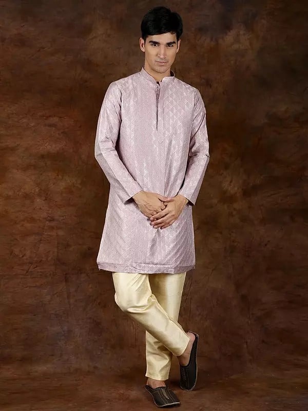 Exotic India Lavender-Frost Kantha Embroidered Kurta With Zari Work And Cream Pajama 