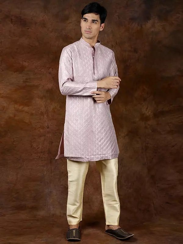Exotic India Lavender-Frost Kantha Embroidered Kurta With Zari Work And Cream Pajama 