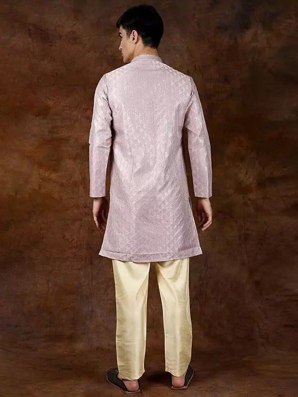Exotic India Lavender-Frost Kantha Embroidered Kurta With Zari Work And Cream Pajama 