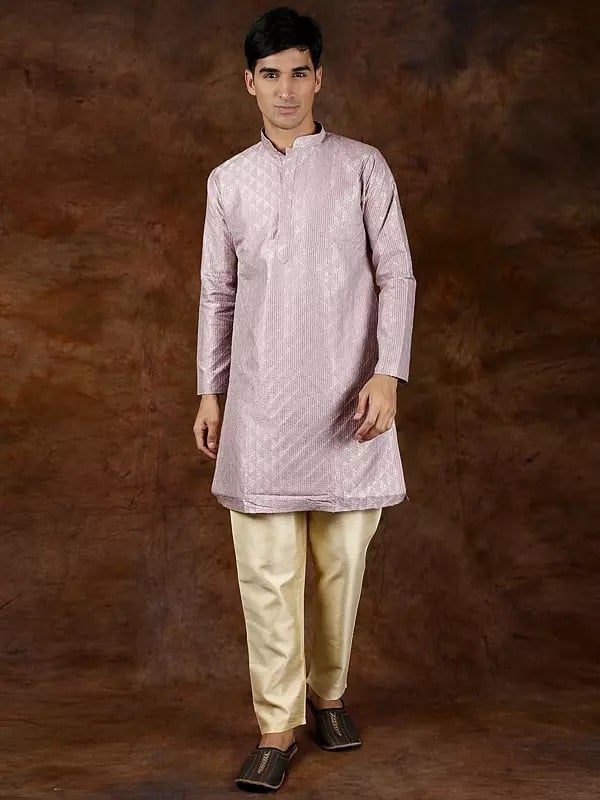 exotic india Lavender-Frost Kantha Embroidered Kurta with Zari Work and Cream Pajama 