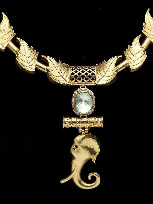 Exotic India Leaf And Elephant Motif Matt Polish Elegant Necklace With Matching Earrings 