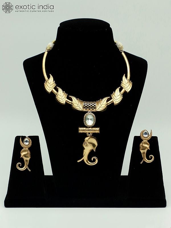 exotic india Leaf And Elephant Motif Matt Polish Elegant Necklace With Matching Earrings 