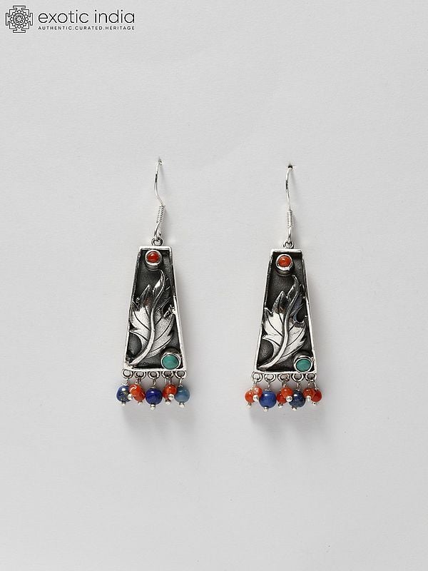 exotic india Leaf Design Earrings with Coral Tibetan Turquoise and Lapis Lazuli 