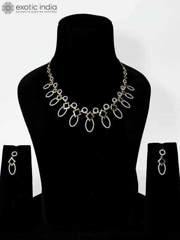 exotic india Leaf Design Elegant Stone Studded American Diamond Necklace Set With Earrings 