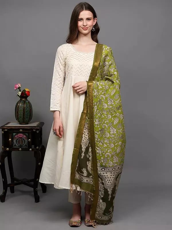 Exotic India Leaf-Green Lord Ganesha Printed Kalamkari Dupatta With Floral Motifs And Zari Border From Telangana 