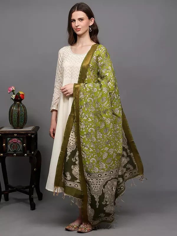 Exotic India Leaf-Green Lord Ganesha Printed Kalamkari Dupatta With Floral Motifs And Zari Border From Telangana 
