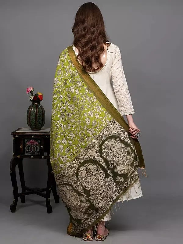 Exotic India Leaf-Green Lord Ganesha Printed Kalamkari Dupatta With Floral Motifs And Zari Border From Telangana 