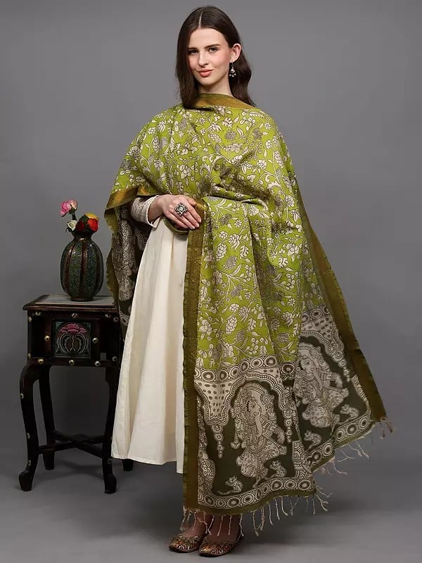 exotic india Leaf-Green Lord Ganesha Printed Kalamkari Dupatta with Floral Motifs and Zari Border from Telangana 