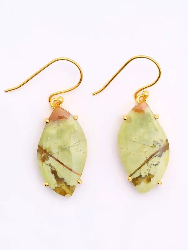 Exotic India Leaf Shape Green Opal Gemstone Hook Earrings 