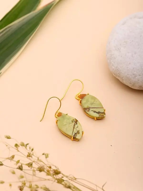 Exotic India Leaf Shape Green Opal Gemstone Hook Earrings 