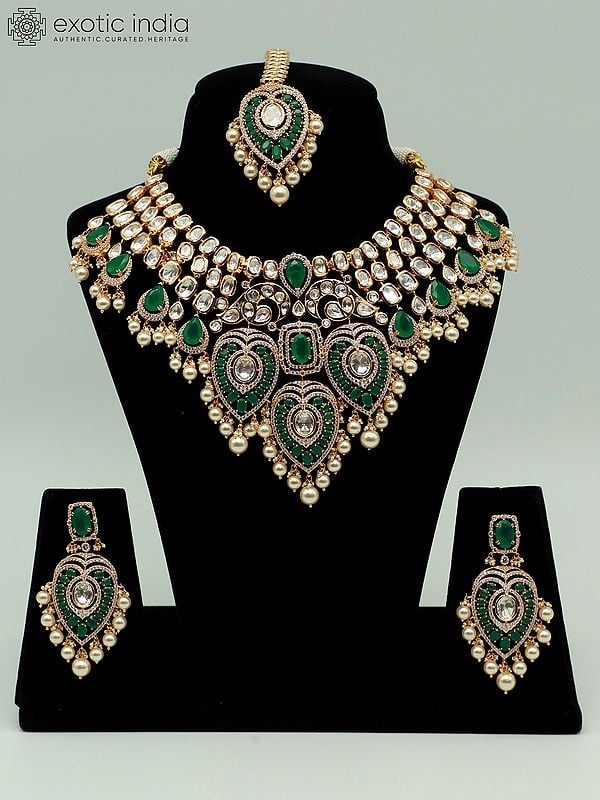 exotic india Leaves Design Brass Heavy Necklace Set With Mangtika And Earrings 