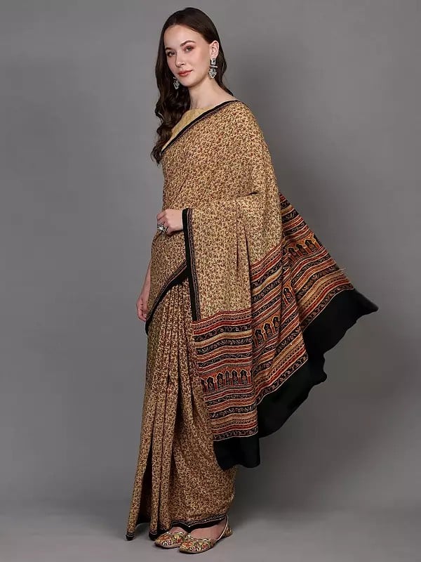 Exotic India Lemon-Meringue Kantha Embroidered Crepe Saree With Floral Jaal Print And Sequins Work 