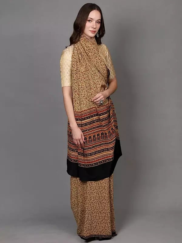 Exotic India Lemon-Meringue Kantha Embroidered Crepe Saree With Floral Jaal Print And Sequins Work 