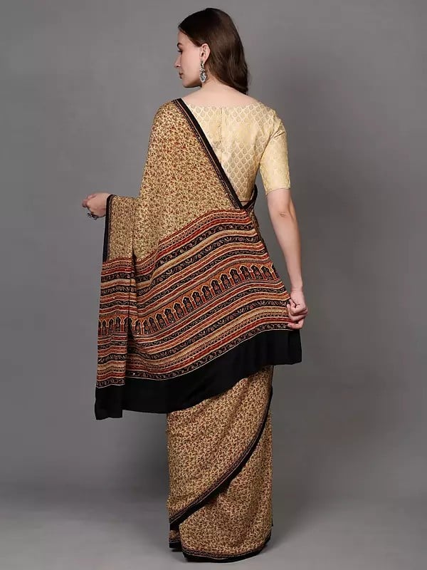 Exotic India Lemon-Meringue Kantha Embroidered Crepe Saree With Floral Jaal Print And Sequins Work 