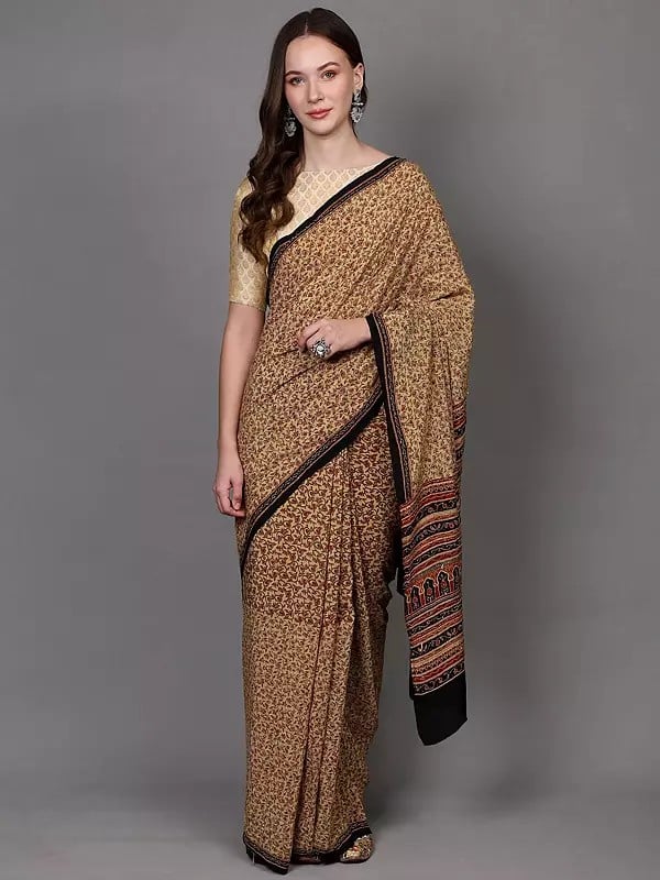exotic india Lemon-Meringue Kantha Embroidered Crepe Saree with Floral Jaal Print and Sequins work 
