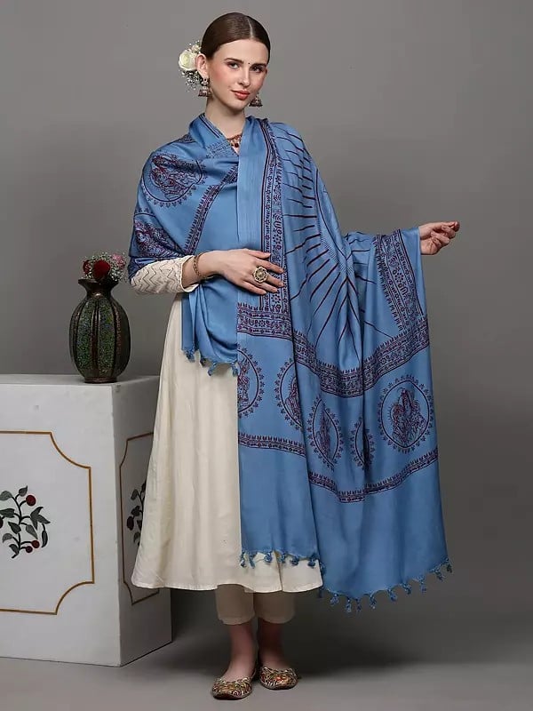 Exotic India Light-Blue Hindu Prayer Shawl With Printed Dancing Shiva