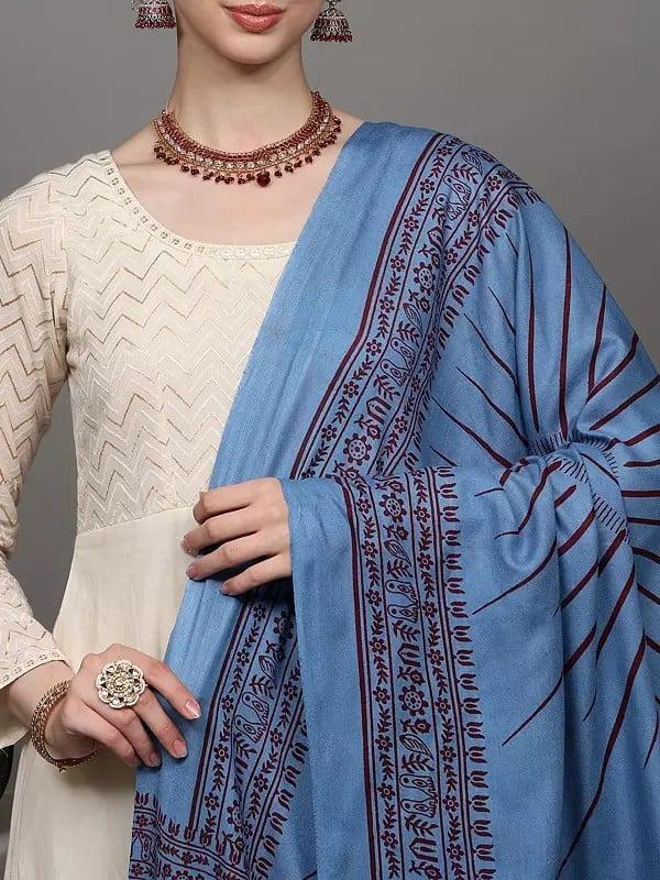 Exotic India Light-Blue Hindu Prayer Shawl With Printed Dancing Shiva