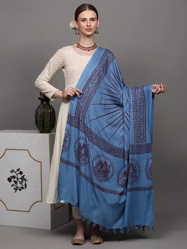 exotic india Light-Blue Hindu Prayer Shawl with Printed Dancing Shiva 