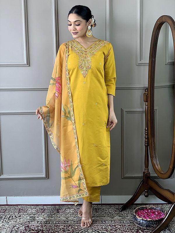 Exotic India Light-Gold Viscose Chanderi Paisleys Motifs Embroidery Work Kurta Set With Floral Print Dupatta