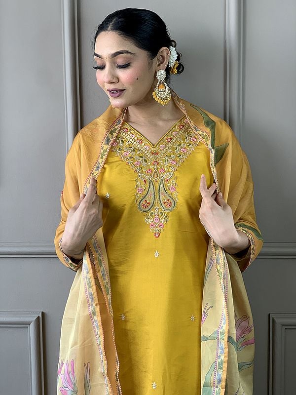 Exotic India Light-Gold Viscose Chanderi Paisleys Motifs Embroidery Work Kurta Set With Floral Print Dupatta