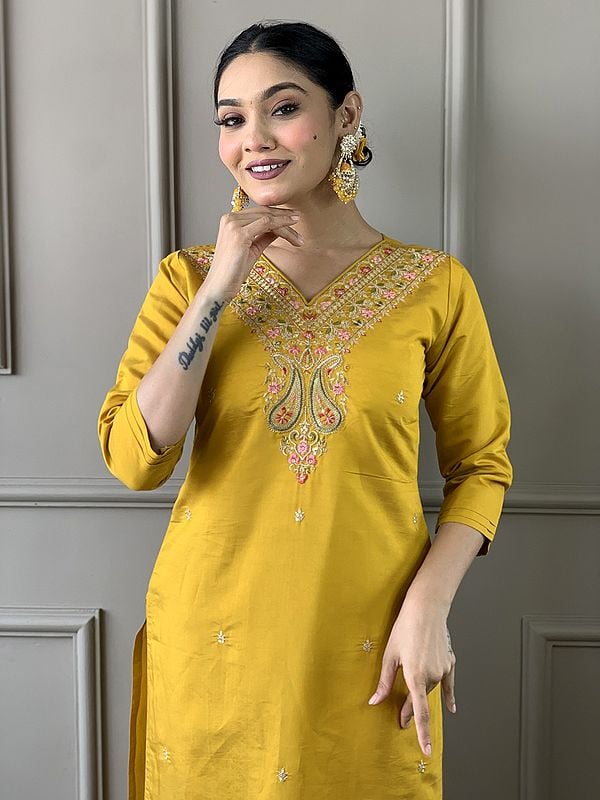 Exotic India Light-Gold Viscose Chanderi Paisleys Motifs Embroidery Work Kurta Set With Floral Print Dupatta