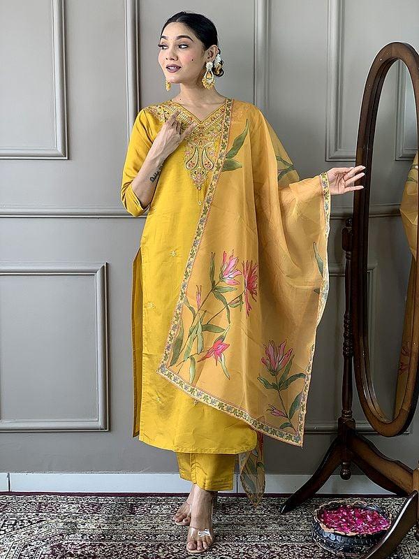 exotic india Light-Gold Viscose Chanderi Paisleys Motifs Embroidery Work Kurta Set With Floral Print Dupatta