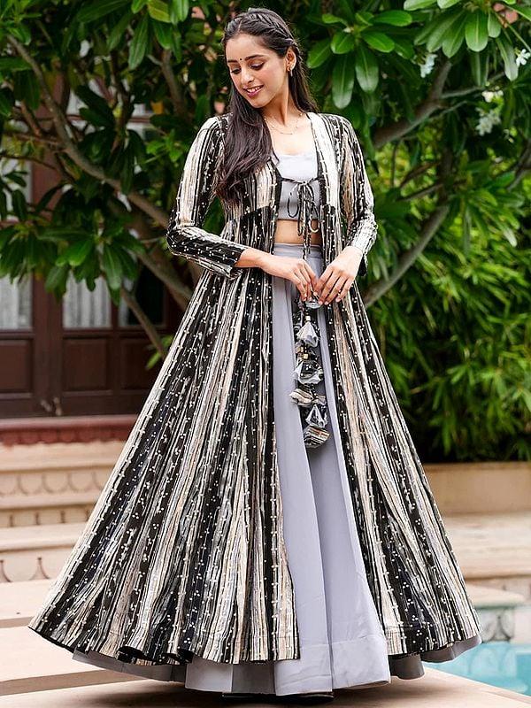 Exotic India Light-Gray Indo-western Palazzo Suit With Designer Digital Printed Heavy Rayon Long Jacket