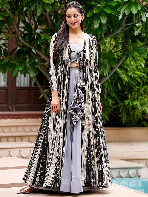 Exotic India Light-Gray Indo-western Palazzo Suit With Designer Digital Printed Heavy Rayon Long Jacket