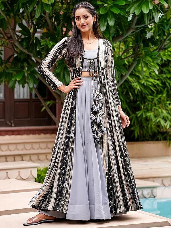 Exotic India Light-Gray Indo-western Palazzo Suit With Designer Digital Printed Heavy Rayon Long Jacket