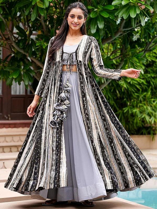 exotic india Light-Gray Indo-western Palazzo Suit with Designer Digital Printed Heavy Rayon Long Jacket 