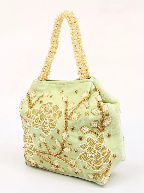Exotic India Light-Green Velvet Hand Bag With Floral Beads-Crystal Embroidery 