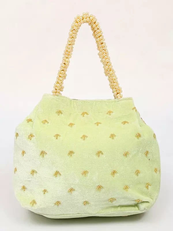 Exotic India Light-Green Velvet Hand Bag With Floral Beads-Crystal Embroidery 