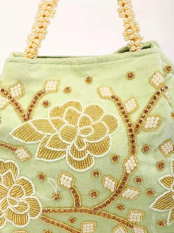 Exotic India Light-Green Velvet Hand Bag With Floral Beads-Crystal Embroidery 
